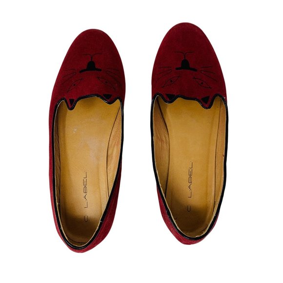C Label Cat Face Loafer Flats Burgundy Red Faux Suede Women's Shoes 9 - Picture 9 of 13